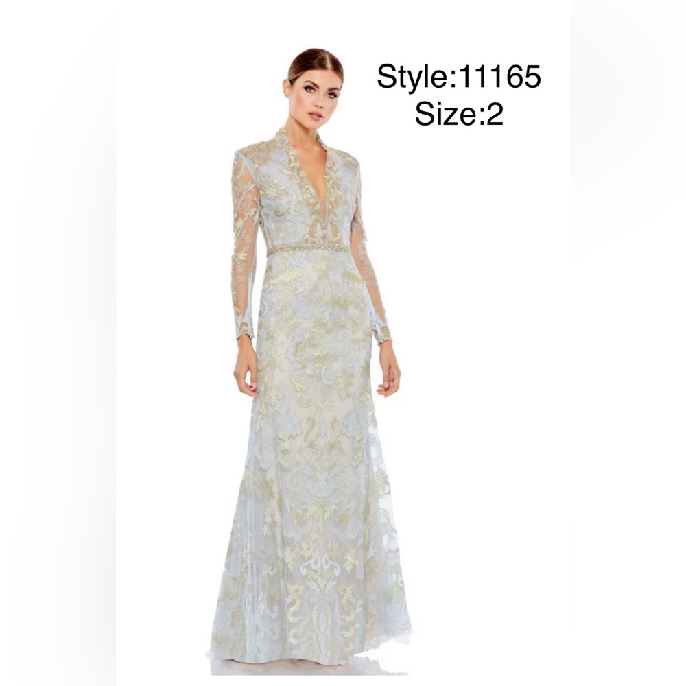 Long sleeve apliqué v neckline gown